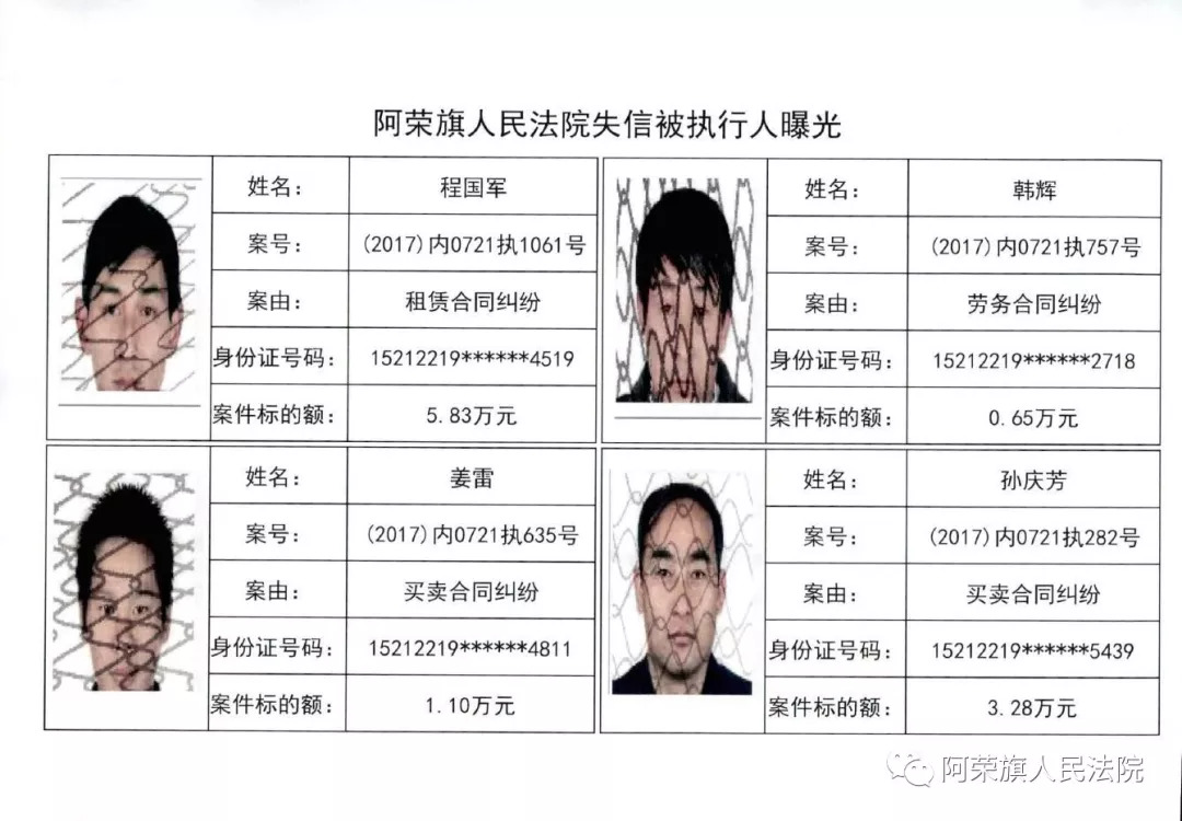 阿荣旗人民法院对以下未按期履行生效法律文书的被执行人公开曝光