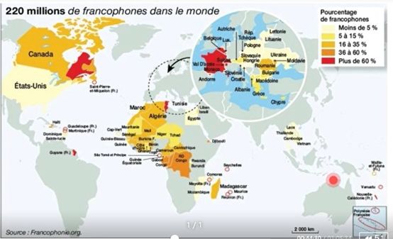 说法语的人在整个世界的分布如下图,可以看到有颜色地方都是有人说图片