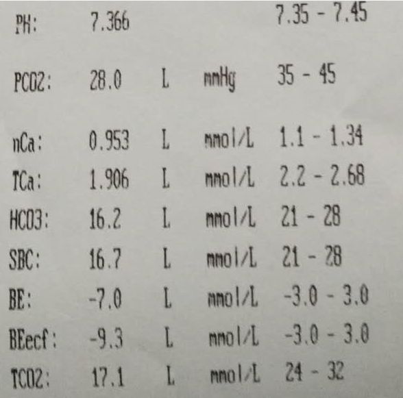 实际血气分析结果,co2 排出过多,但 ph7.366,没有偏碱而是偏酸.