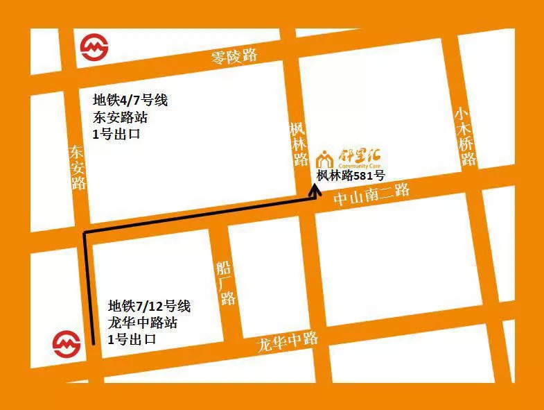 枫林路交叉口,地铁7/12号线龙华中路站(1号口出站,按照地图步行约6-8