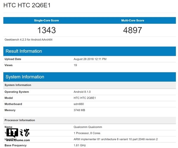 HTC新手机现身GeekBench：或为HTC U12 Life