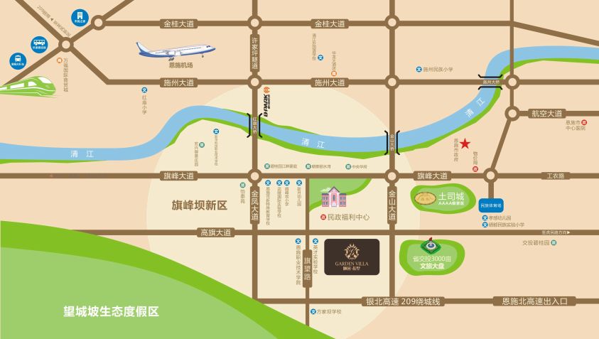 周边有4a级景区土司城,省交投3000亩文旅大盘以及望城坡生态度假区等