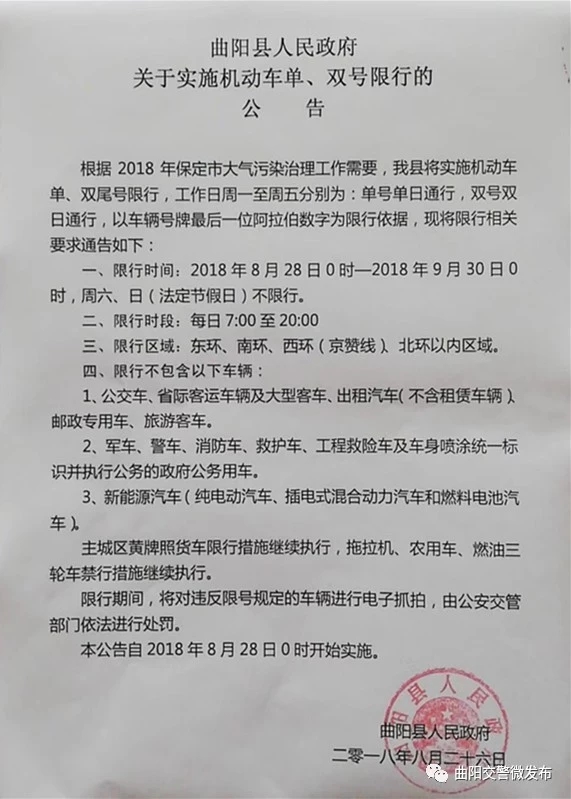 保定这个地方已实施单双号限行!