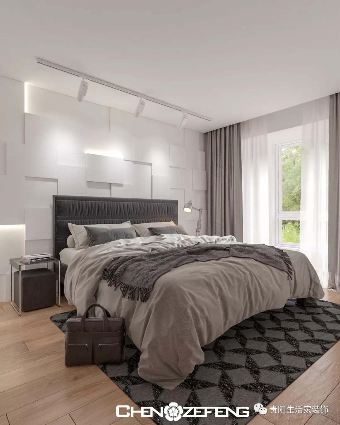 床头凹凸方块形状设计是卧室最大的设计亮点