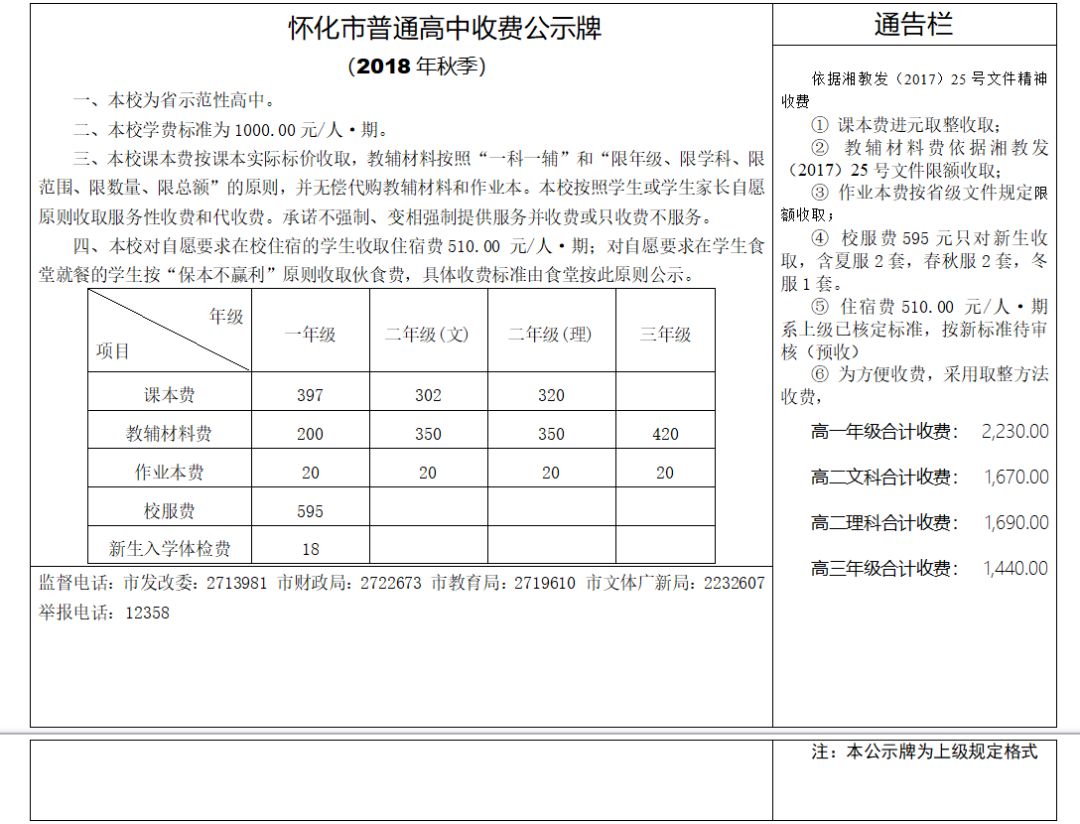 2】 开学啦!怀化中小学校秋季学期收费公示出来了