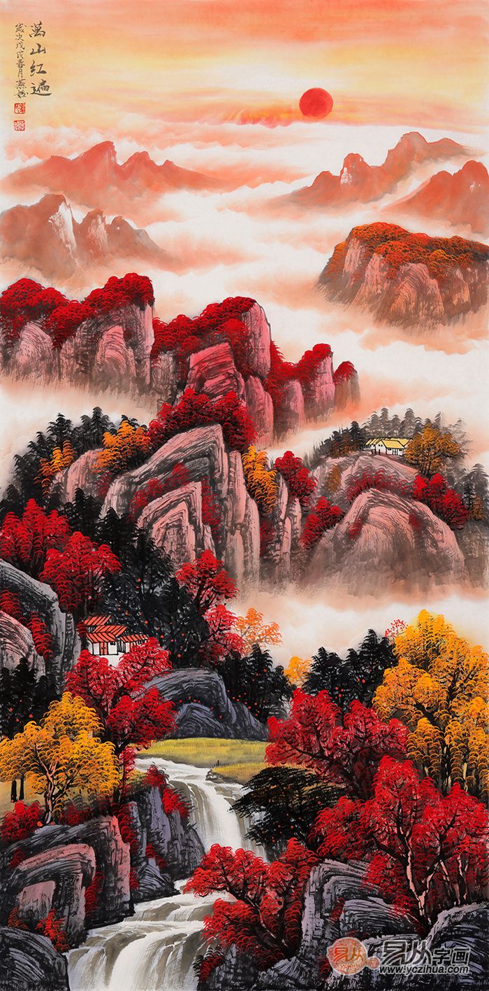 国画鸿运当头 刘燕姣手绘风水画作品《万山红遍》