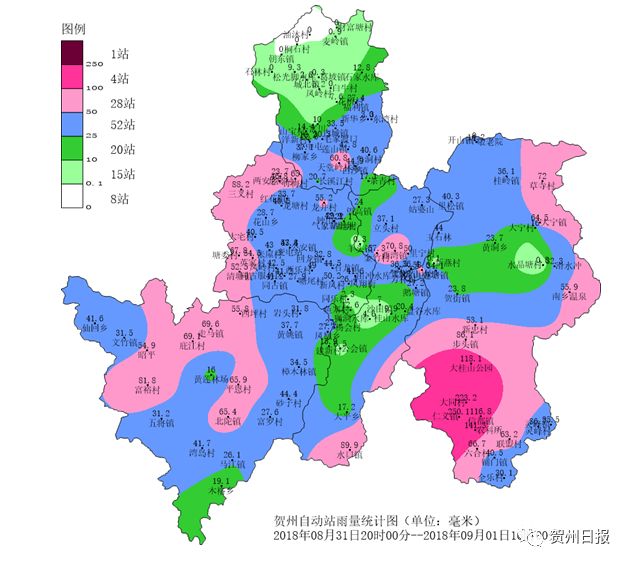 8月31日20时至 9月1日16时,大于250毫米1站,出现在 八步区仁义镇(250