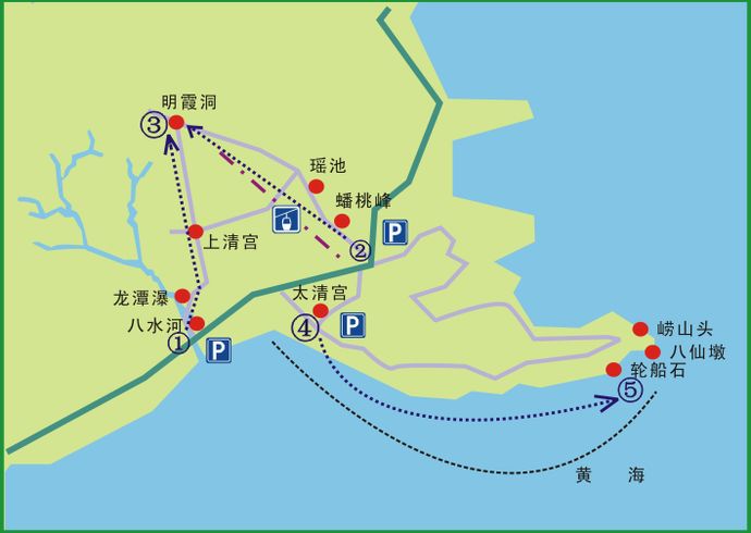 504,104(部分车次),113(部分车次),从崂山游客中心统一乘坐景区观光车