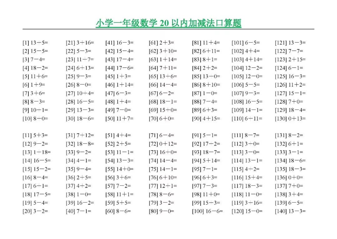 一年级上学期20以内加减法口算练习,1000多道!