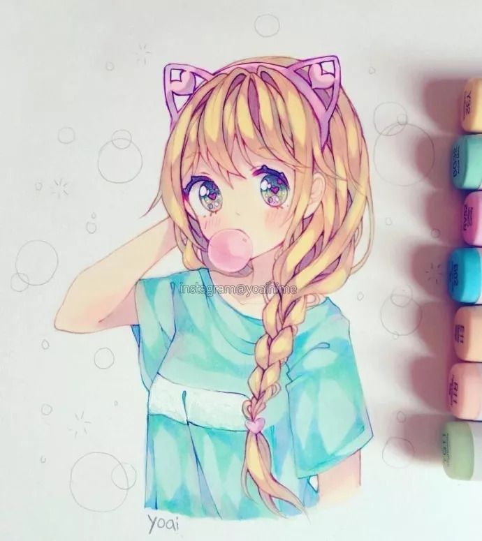 分享| 一组可爱的美少女头像马克笔手绘插画,萌萌少女