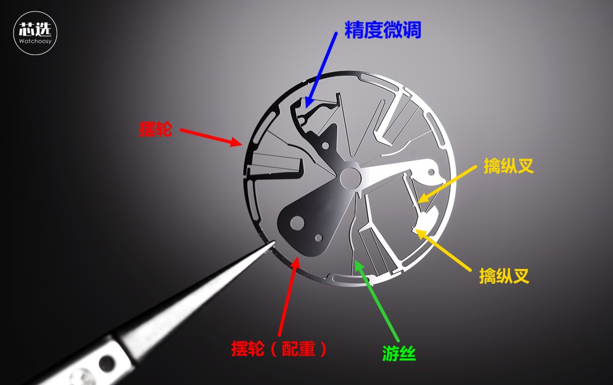 为了将其变成同一方向的运动,需要使用擒纵叉,擒纵轮等连接转化部件