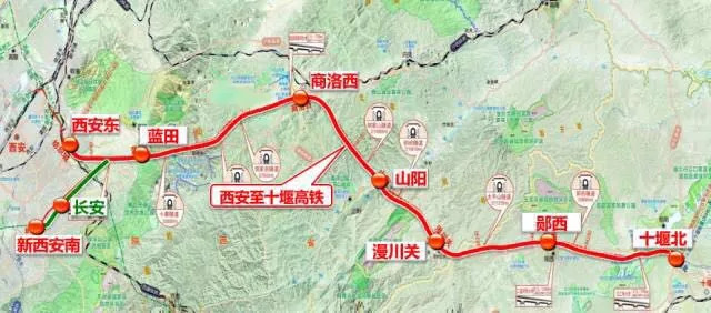 线路全长:约266km 设站:7处 西安东,蓝田,商洛西,山阳, 漫川关,郧西