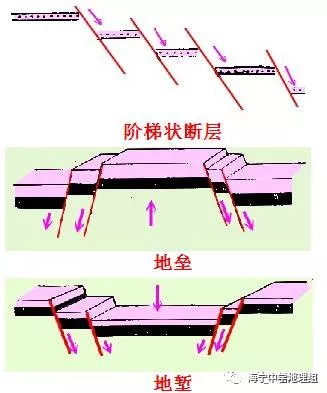 两边的岩块相对上升,相对下降的岩块叫地堑 (3)阶梯状断层 阶梯状断层