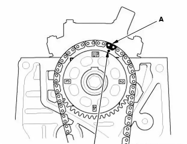 (2)将凸轮轴链条安装在凸轮轴链轮上,使彩色链节板(a)与凸轮轴链轮上