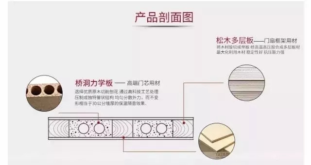 我们看一下tata实木复合门的断面结构 他增加了一个叫桥洞力学板