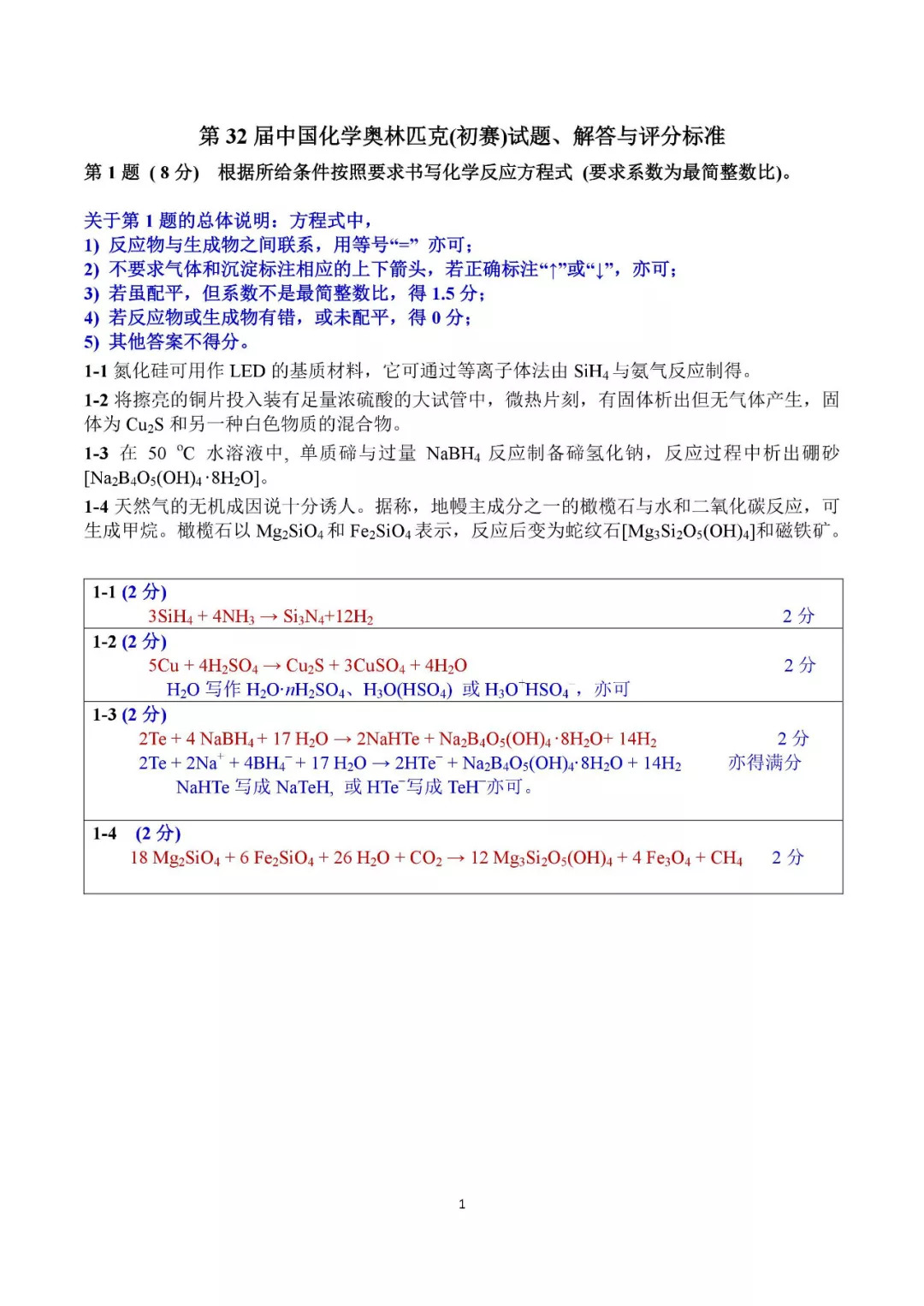 化学 18第32届中国化学奥林匹克竞赛 初赛 官方答案与评分标准发布 学科