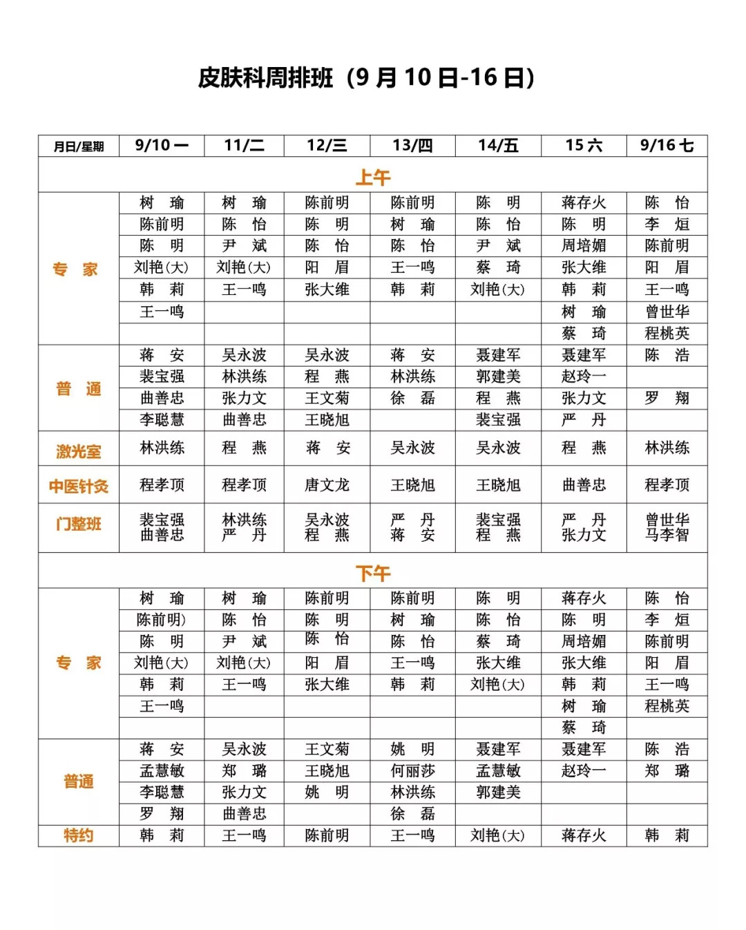 皮肤科周排班表9月2日9月16日请您查收