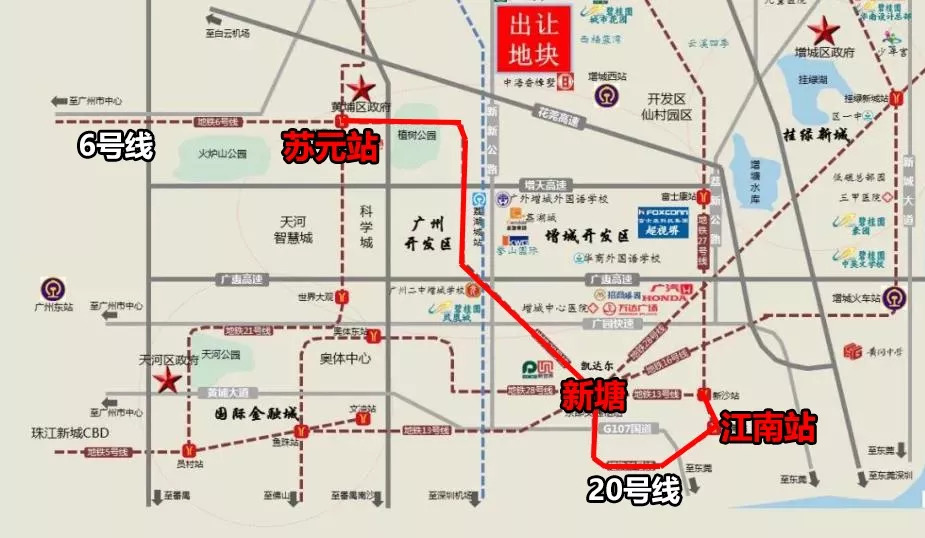 区域图中,28号线将延长,从新塘站途径增江到增城机场 预计路线:新塘