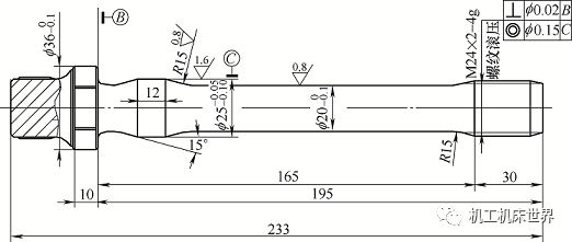 以某型柴油机连杆螺栓为例,该零件总长为233mm,零件一端为外螺纹m24