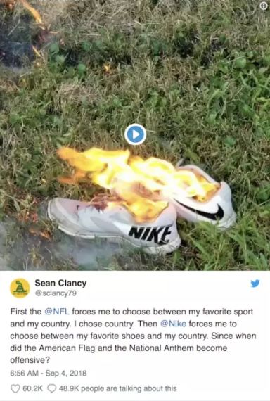 广告释出,不少 nfl 粉丝开始抵制 nike,并焚烧 nike 的产品(图片