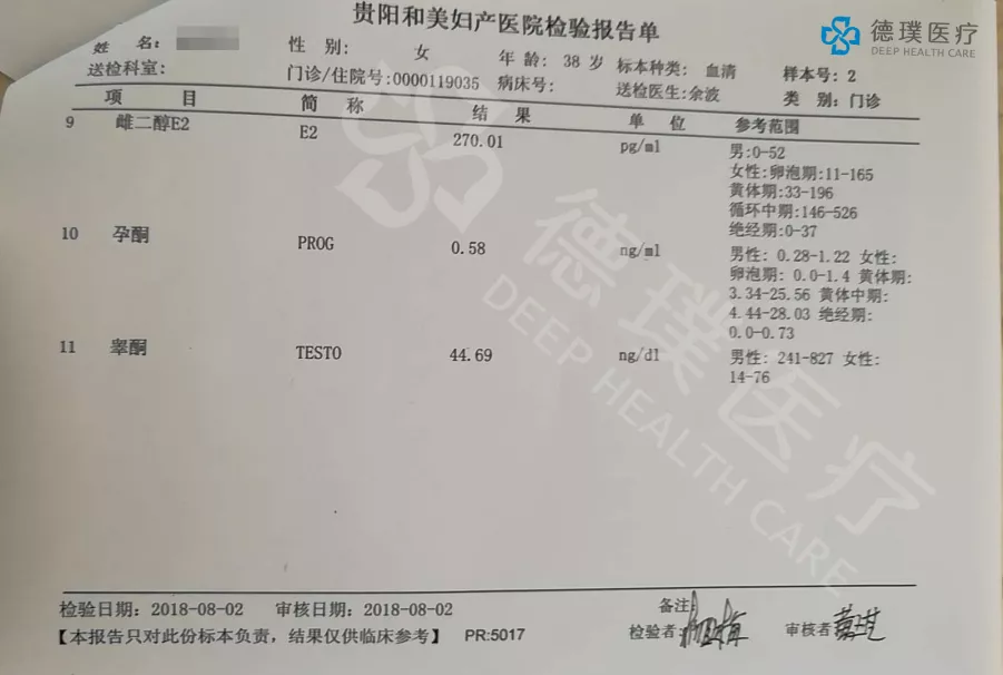 01pg/ml 孕酮prog:0.58ng/ml 睾酮testo:44.
