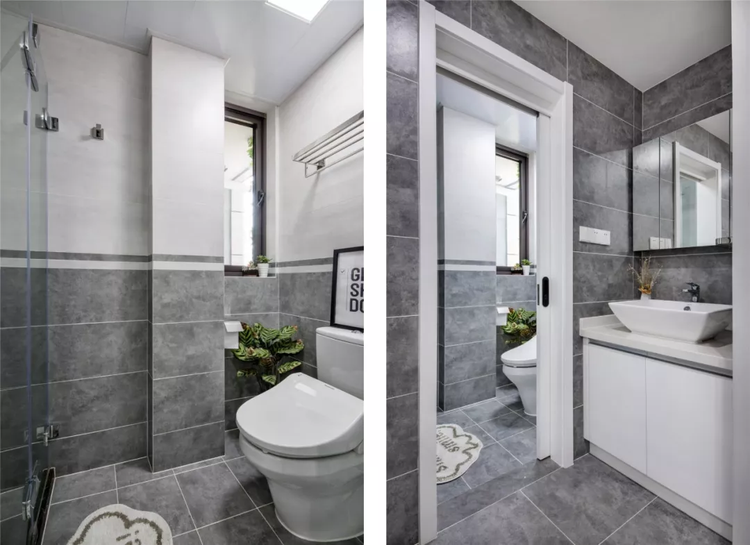 ▼卫生间 干湿分离的卫生间,灰色的墙面搭配白色洁具,明亮又有格调.