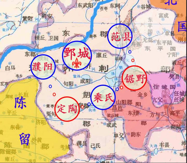 陶县,乘氏县,锯野县,范县这五县形成的防护链来完成,下面的地图有明显