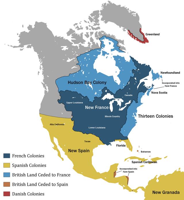 图中深蓝色部分为法国在北美殖民地