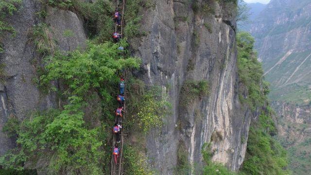 四川大凉山里的"悬崖村",曾经的陡峭藤梯已变为蓝色钢梯!