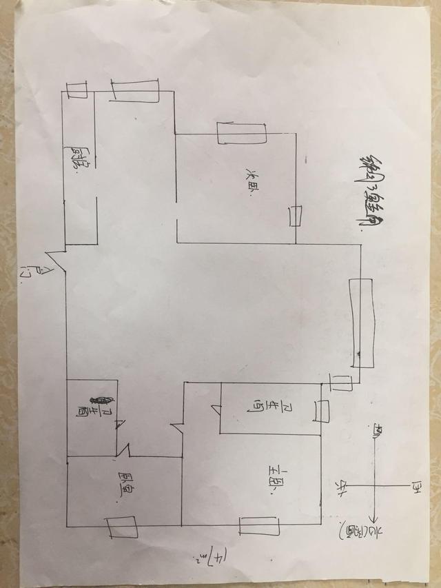 这是手绘的大致户型图,有个优点就是三个朝向采光,室内通风采光都挺不