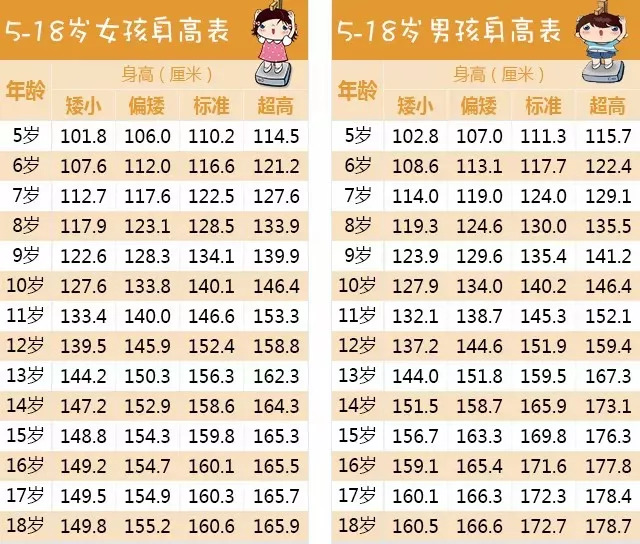 中国5-18岁男女孩身高参照表