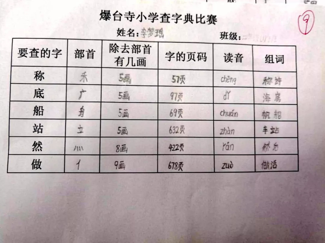 典为师 字为范 爆台寺小学举行学生 查字典 比赛 年级