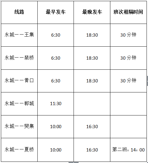 永城汽车站最新班次时间一览表