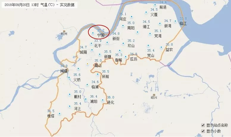 今天萧山各镇街的气温普遍在35℃左右, 截至下午一点,宁围街道以37.