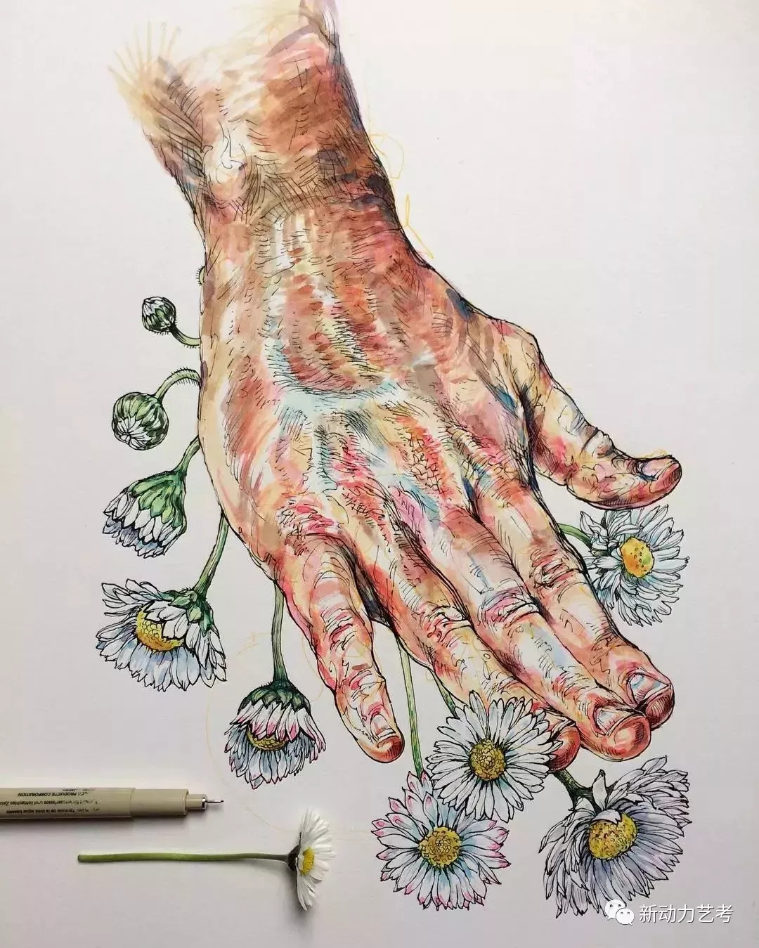 插画师画出了最丑的手和最美的花却意外的和谐