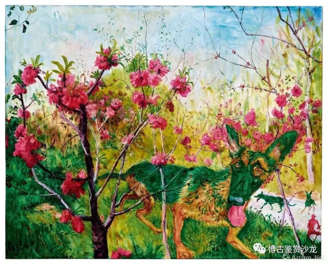 周春芽《桃花与绿狗》2008 年作 油彩 画布