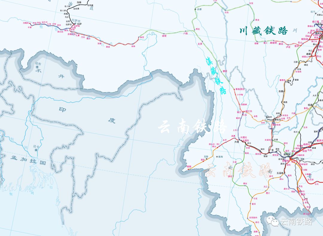 滇藏铁路及丽香铁路示意图