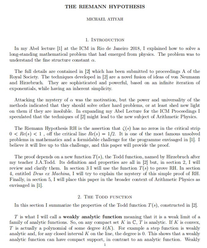 英国著名数学家迈克尔・阿提亚证明黎曼猜想？
