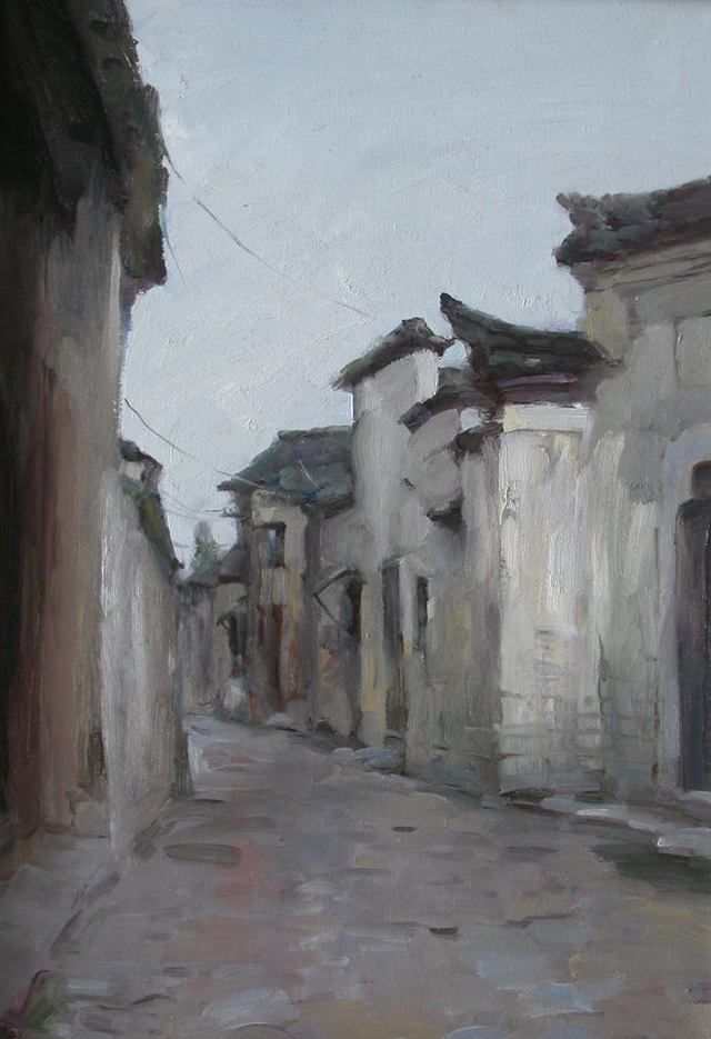 油画,55*39cm,2001 《小巷》:这幅画取景于安徽泾县桃花潭村,小巷内有