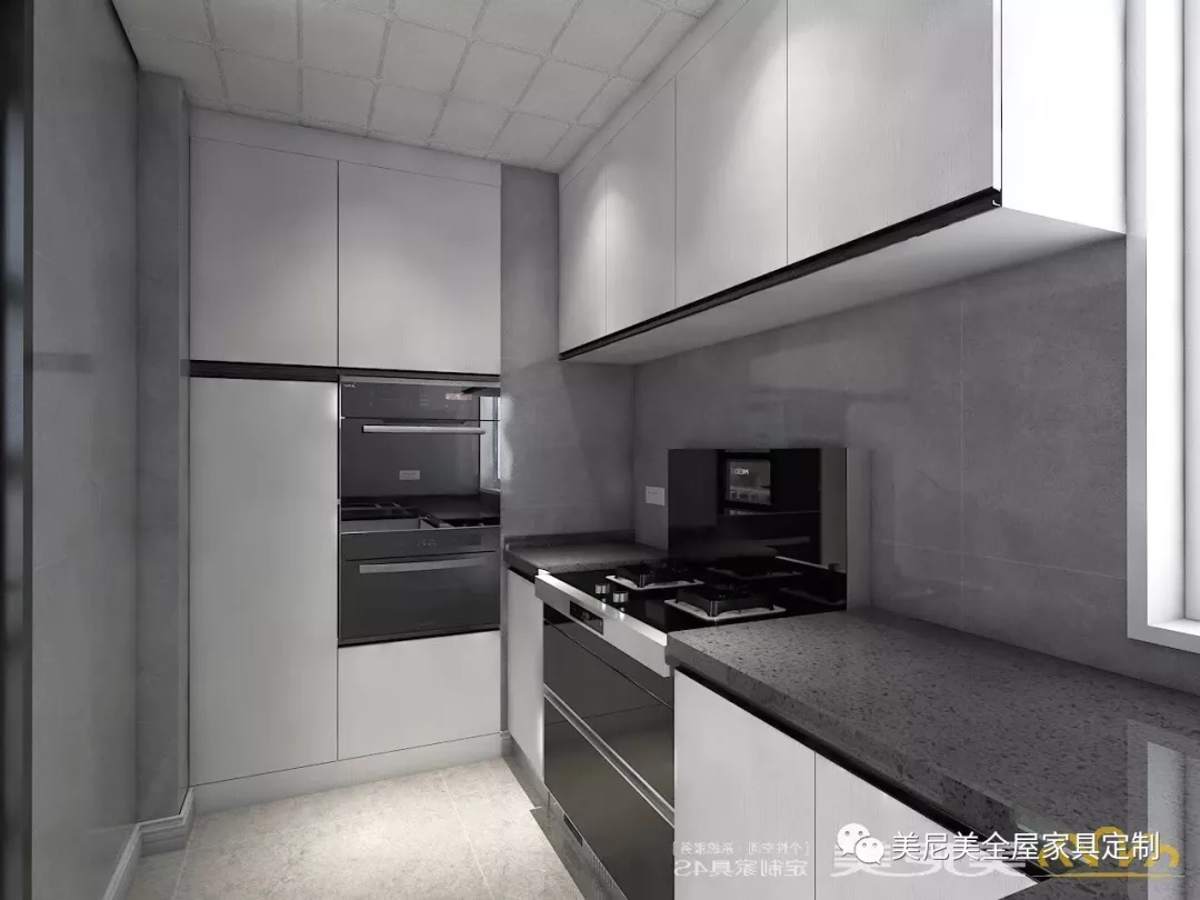 类似u型的厨房设计,巧妙避开厨房柱子,白色柜门柜体,搭配黑色g型拉手