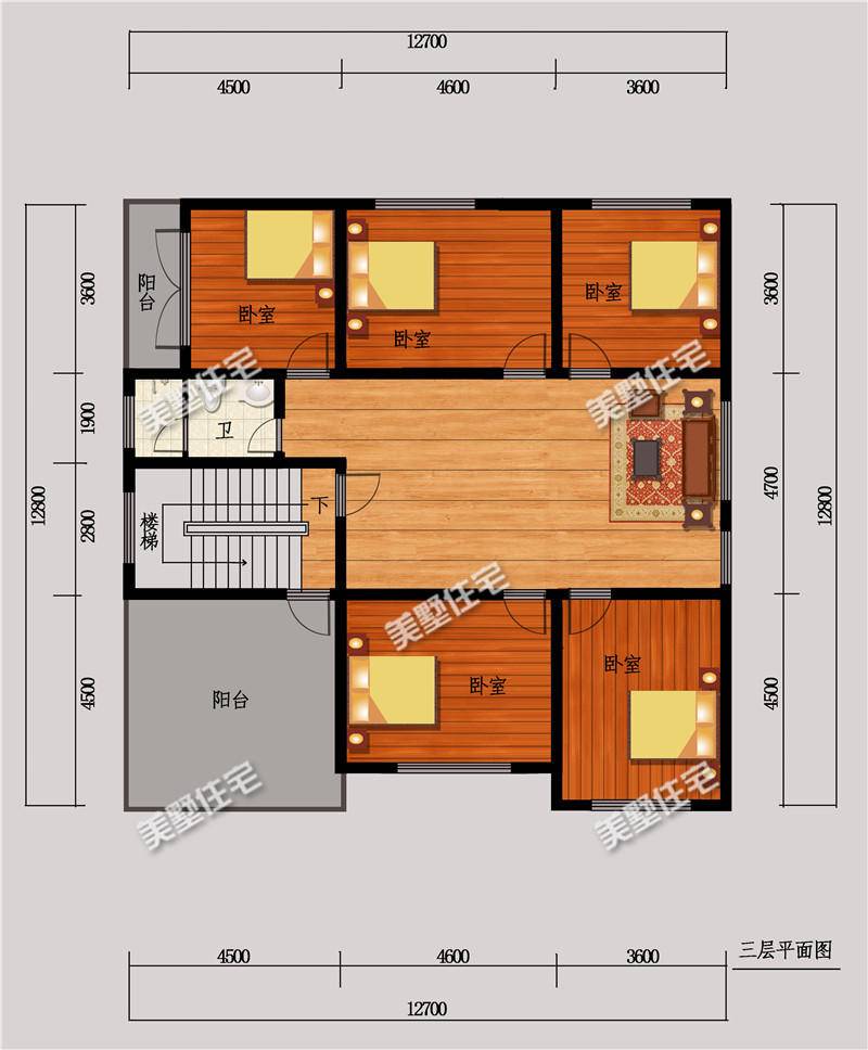 12x12米正方形三层别墅二楼复式镂空客厅大气豪宅