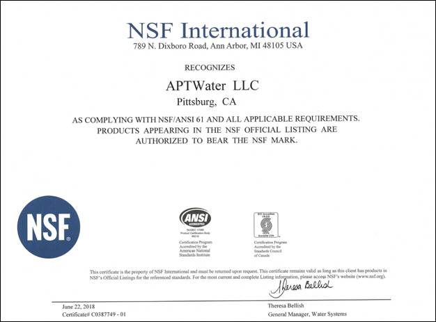 麦王环境美国全资子公司APTwaterARoNite技术获得NSF技术