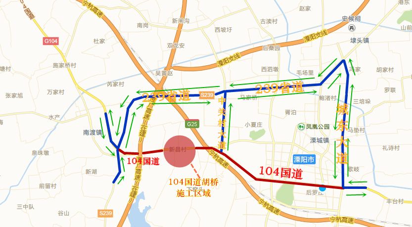 南京至杭州方向:239省道与新104国道路口(分流点)—239省道—城东大道