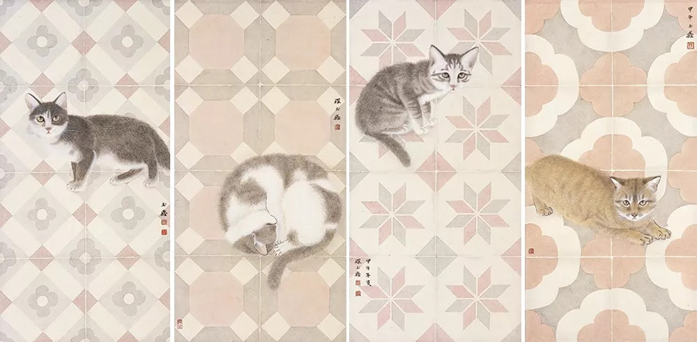 罗玉鑫 花砖猫系列 68cm×34cm×4 纸本设色 2014年开幕时间:2018年9