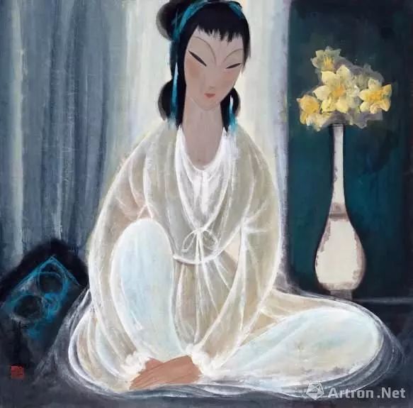 林风眠《白衣侍女》纸本彩墨 69x69cm 1954年