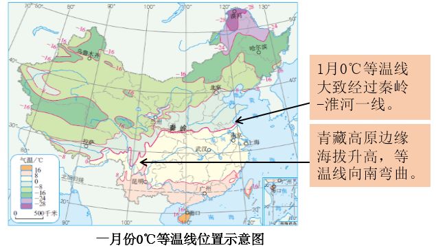 一月份0℃等温线位置示意图及说明3.北方临近冬季风的发源地.2.