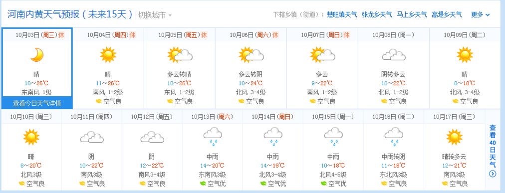 可以查看:"内黄未来7天气预报"二,内黄天气(10月3日——10月17日)临时