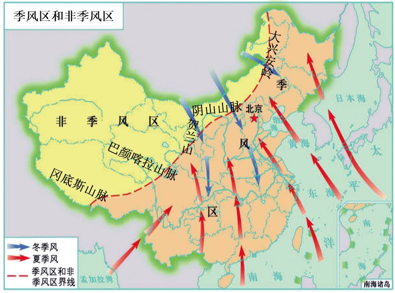 季风气候显著800毫米年等降水量线大致经过秦岭-淮河一线,此线以南大