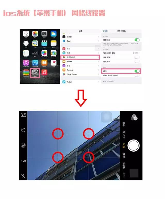 苹果手机:设置—照片与相机—在相机一栏中打开"网格.