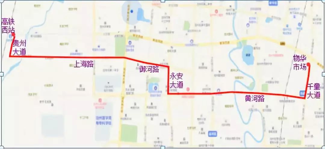 由物华市场发车经千童大道,黄河路,永安大道,御河路,上海路,贵州大道